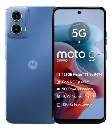 Motorola G34 5g, Esim Nfc 128 Gb 8 Gb Ram, 6.5'' 5000mah 50mp 18w Carga 120hz A 1tb, Liberado Global, Reacondicionado Seminuevo, Con En Caja Original (Reacondicionado)