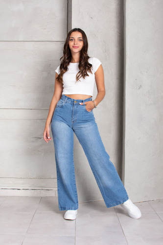 Jean Wide Leg Mujer Rigido Celeste Tiro Alto 323