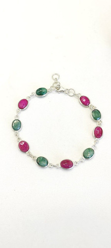 Pulsera Plata 925 Con Piedra Natural Verde Y Fucsia