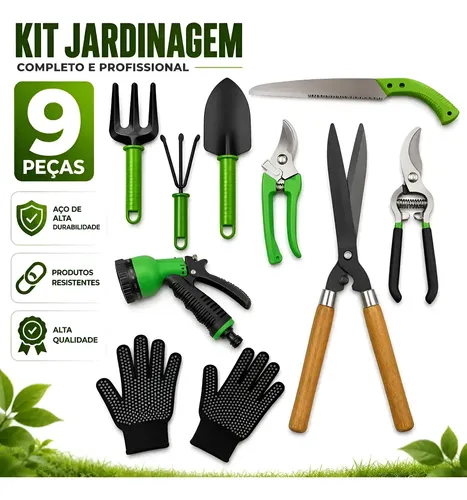 Kit Jogo Jardinagem Pá Tesoura Poda Luva 9 Pças Profissional