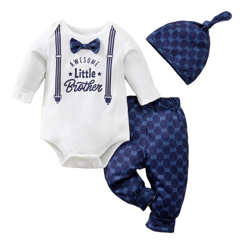3 Pcs Conjunto Bebé 6-18m Estilo Caballero Con Moño Y Gorro Blanco 9-12 M