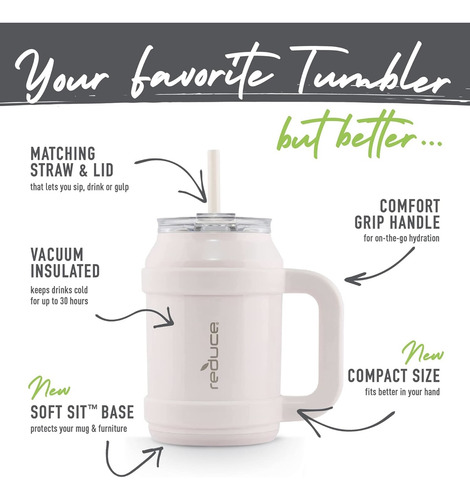 Termo Reduce Acero Inoxidable, Con Mango Tapa Y Paja 32 Oz Rosa Claro
