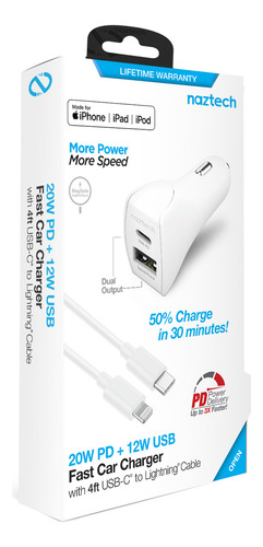 Cargador De Auto Usb C A Lightning 20w Pd/12w Usb Naztech
