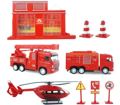 Juguete Bomberos Niños Set Auto Camión Helicóptero Metal 