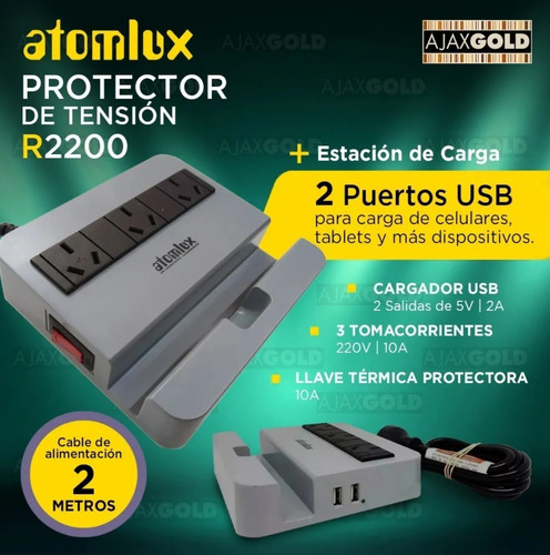 Estabilizador Protector Tension Atomlux R2200 Estacion Usb