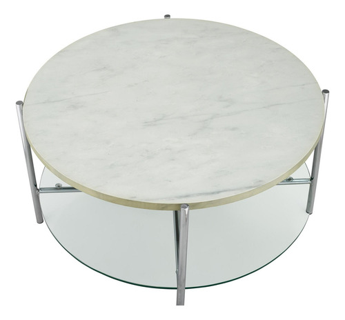 Mesa De Centro De Metal, Vidrio Y Mármol Walker Edison Color Blanco / Cromado