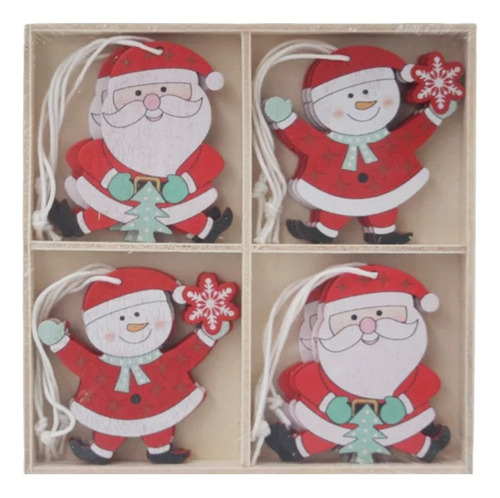 Kit 8 Enfeite P/ Pendurar Madeira Papai Noel E Boneco 6,5cm