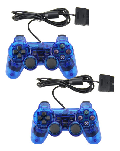 Kit 2 Controle Com Fio Compatível Com Ps1 Ps2 Plug And Play Azul