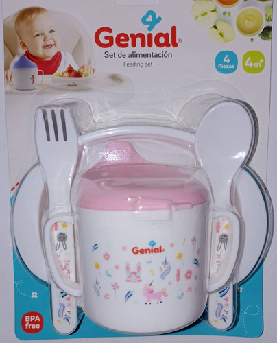 Set De Alimentacion Bebe Genial 4 Pzas Cubiertos Vaso Plato