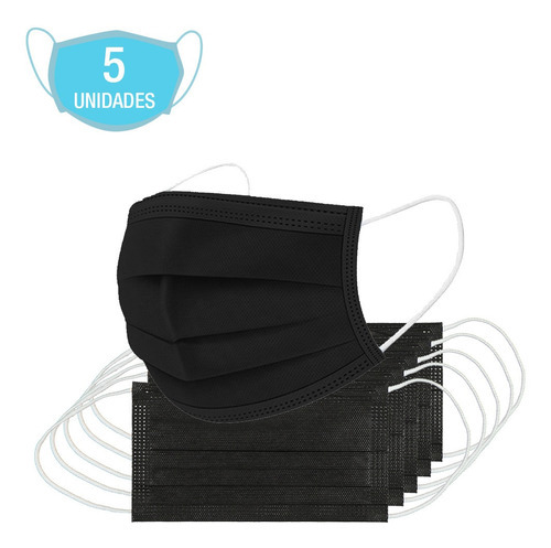 5 mascarillas negras desechables con elástico y clip nasal, color TNT, diseño de tela lisa negra