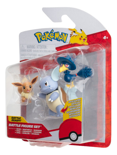 Paquete De 3 Figuras De Batalla Pokemon Eevee + Wartortle + Murkrow Articuladas