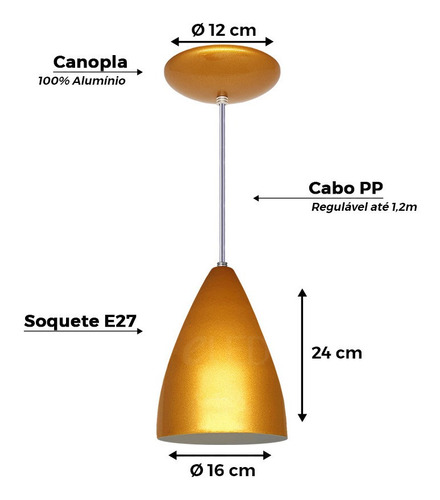 Imagem 3 de 4 de Kit 3 Pendente Cone Em Alumínio Alta Qualidade