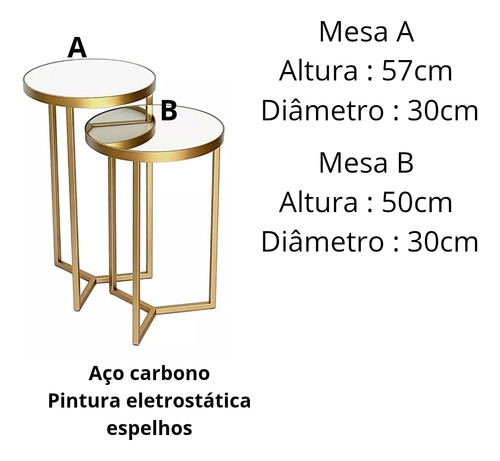 Mesa Lateral Conjunto Com 2 Tampo Espelho Decoração Luxo