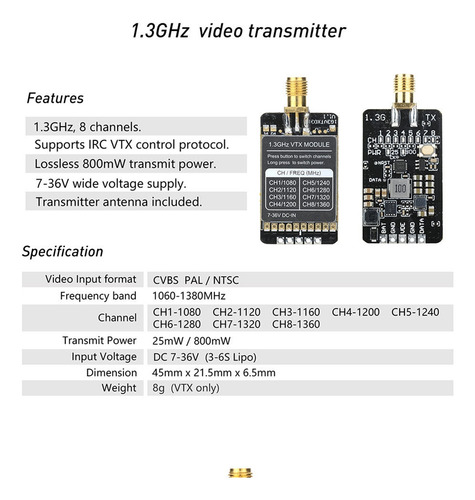 Transmisor De Video Vtx Fpv 1.3g 1.6w 1600mw Sistema De Vide