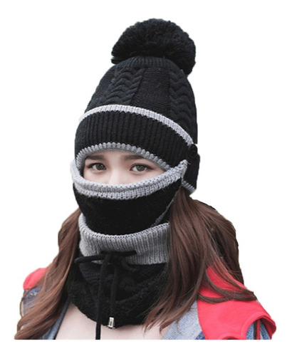 Gorro Punto Cálido Con Mascara Bufanda Frío Invierno Mujer