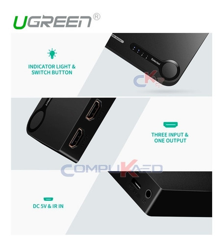Switch Selector Hdmi 3x1 3 Entradas A 1 Salida Ugreen 2k 4k