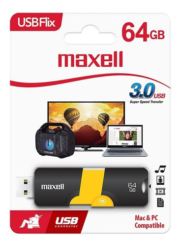 Imagen 2 de 2 de Maxell Memoria Usb Flix 3.0 De 64gb Negro/amarillo
