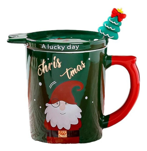 Set Taza Navidad C/tapa Cerámica Y Cucharita Diseño Arbolito