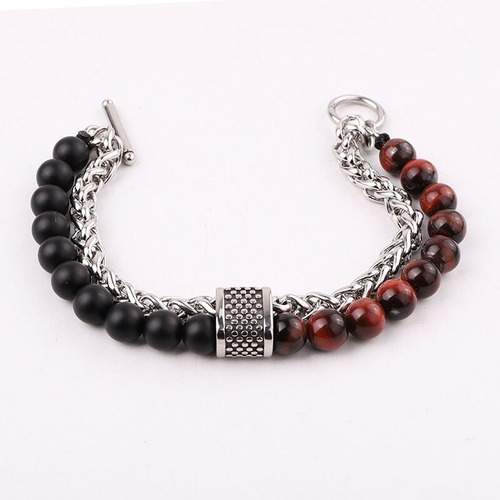 Pulsera Piedras Naturales Café Acero Inoxidable Hombre