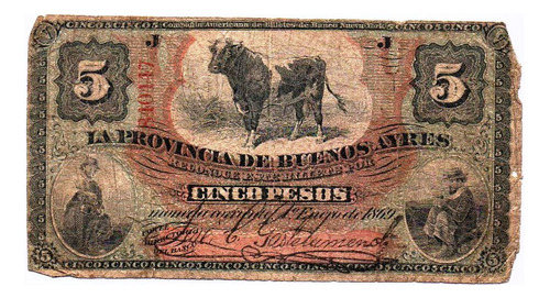 Billete Buenos Ayres 1869 Bco Nueva York $5 Unico