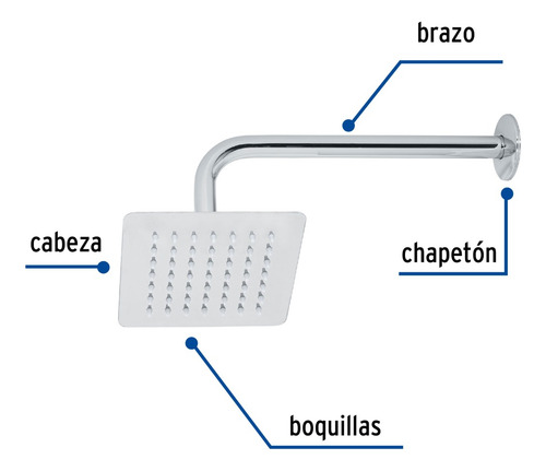 Regadera Cuadrada 6 , Acero Inox, Con Brazo, Cromo