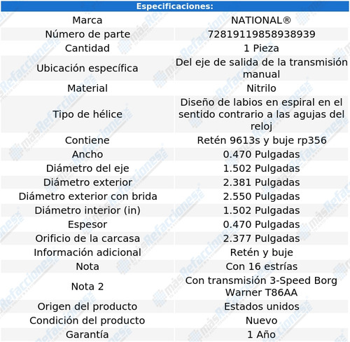 1 Retén Eje Salida T/ M P/jeep Cj6a 66 Al 68 National