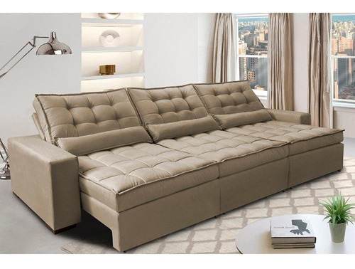Sofá Retrátil e Reclinável 3,82m com Molas Ensacadas Cama Inbox Gold Tecido Suede Velusoft Castor