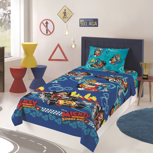 Jogo De Cama Infantil Mickey 03 Peças Microfibra Lepper Cor Azul Desenho Do Tecido Estampado