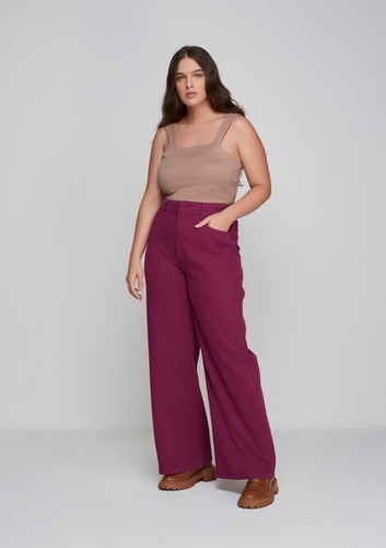 Imagem 8 de 10 de Calça Pantalona Em Sarja Cós Alto Com Elastano Uva Dzarm