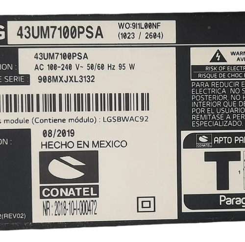 Placa Fuente De Alimentacion Para Lg Tv Modelo : 43um7100psa