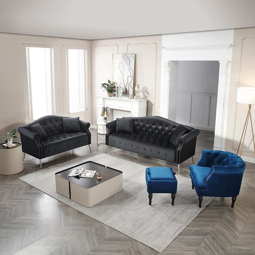 Juego De 2 Sofas Modernos Biplaza Color Negro Marca Homtique