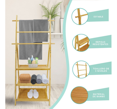 Toallero Mueble Organizador De Bambú Para Baño Color Amarillo Pálido