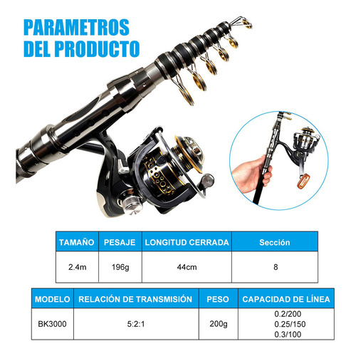 Kit Pesca 2.4m Caña Carrete Señuelo Accesorio Bolsa Completo