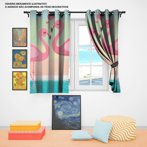 Imagem 2 de 4 de Cortina Tecido Quarto Animais Tropical Flamingo 2,50x1,40