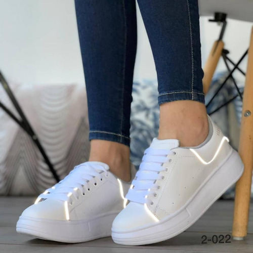 Tenis Mujer Bolichero Reflectivo Blanco Zapatos Dama