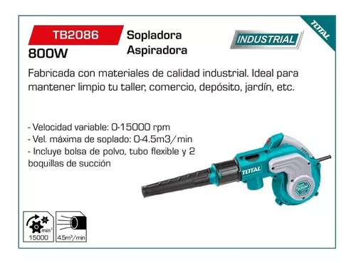 Soplador Aspirador Industrial 800W + 1 Bolsa para Polvo + Tubo flexible + 2  Boquillas TOTAL 