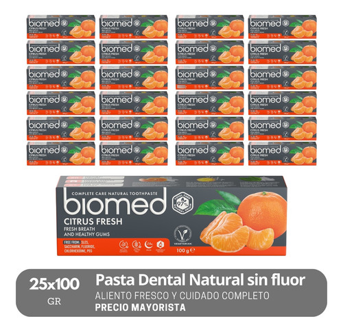 Pack 25 Pastas Dentales Sin Fluor Biomed Citrus Fresh 100g