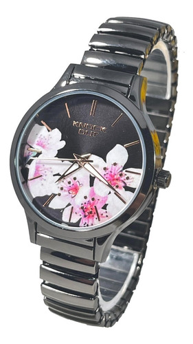 Reloj Knock Out Mujer Dama Extensible Negro Flores 2494-430