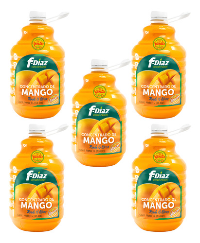 5 Botes Concentrado Para Bebida Sabor Mango F-díaz 1l C/u