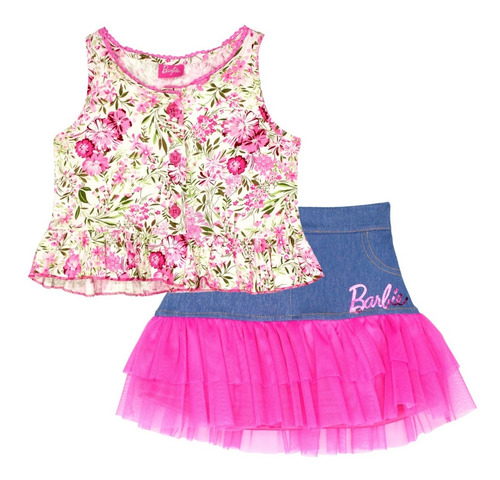 Conjunto Falda Olanes Top Floral Marca Barbie Para Niña