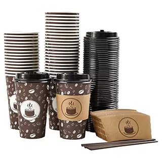 Disposable Coffee Cups With Lids, Sleeves And Straws 16...