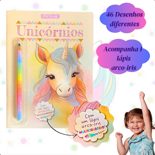 Kit Livro Unicórnio + Lápis Arco Íris + Cx 12 Lápis De Cor Pastel Presente Dia Das Crianças Livro Para Colorir Com + De 40 Desenhos Incríveis Brinquedo Infantil