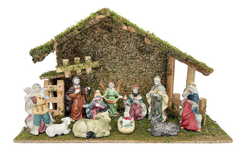 Pesebre Navidadeño 42x24cm 11 Figuras Porcelana Casa Madera