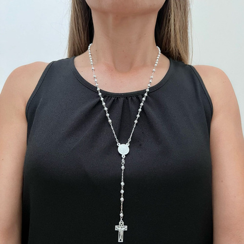 Imagen 6 de 9 de Collar Rosario Medalla San Benito Plata 925 55 Cm Agálea