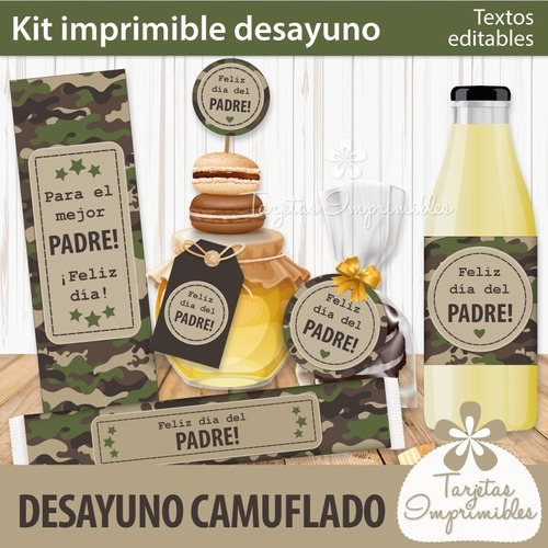 Kit Imprimible Desayuno Dia Del Padre Camuflado Editable