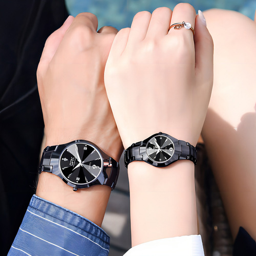 Relojes De Pareja Opk Con Calendario Impermeables, 2 Unidade Color de la correa Negro