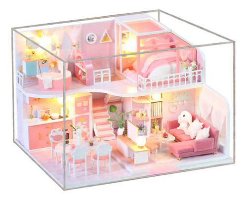 Casa De Muñecas En Miniatura De Bricolaje Con Muebles Y Luce