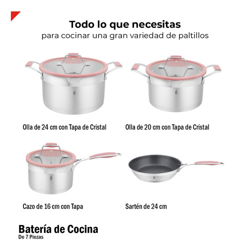 Bogner Batería De Cocina 7 Pz Acero Inox Bcps06 Rosa Rosa