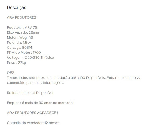 Motoredutor Vds Motor 1,5cv Weg Trifásico Eixo 28mm Vazado