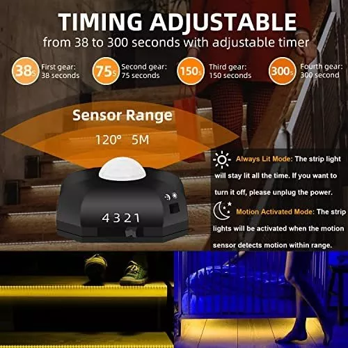 Tira de luces LED activadas por movimiento, 9.8 pies debajo de la cama,  tiras LED con sensor de movimiento, lámpara de noche con temporizador de